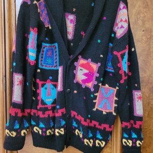 Cardigan sweater, La Artesana,  made in Bolivia, M, black with design